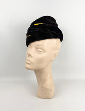 Load image into Gallery viewer, Original 1940s Dark Brown Velvet Topper Hat with Mustard Velvet Trim