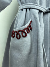 Load image into Gallery viewer, REPRODUCTION 1940s Blue Wool Coat with Burgundy Soutache Trim and Tie Belt - Bust 40 42