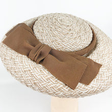 Load image into Gallery viewer, Original 1940's 1950's Summer Straw Hat in Brown and Grey with Grosgrain Bow Trim