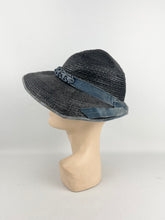 Load image into Gallery viewer, Utterly Charming 1920s 1930s Black Straw Hat with Blue Velvet Trim