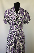 Load image into Gallery viewer, Wounded But Wearable 1940s Black, Purple and White Dress - B36