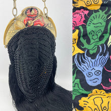 Load image into Gallery viewer, Original 1920's French Made Antique Crochet Bag with Celluloid Frame Decorated with Pierrot, Owls and Musical Instruments