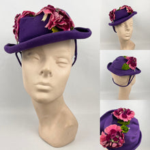 Load image into Gallery viewer, Original 1940s Rich Purple Felt Hat with Cerise Pink Velvet Flower Trim *