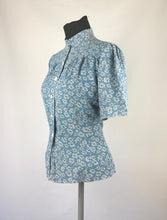 Load image into Gallery viewer, 1940s Blue, White and Black Novelty Print Ribbons and Clover Blouse - B36