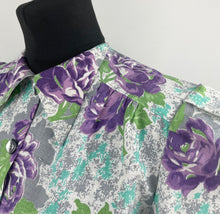 Load image into Gallery viewer, 1940's Reproduction Floral Print Blouse with Large Purple Roses and Grey Buttons Made From an Original 1940's Feed Sack - Bust 34"