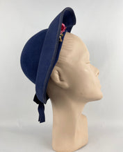 Load image into Gallery viewer, Stunning Original 1930s Blue Felt Bonnet Hat with Floral Trim