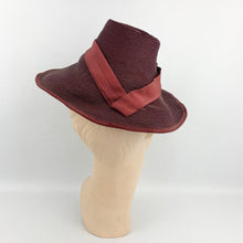 Load image into Gallery viewer, Original Late 1930s Burgundy Straw Hat with Large Grosgrain Bow Trim