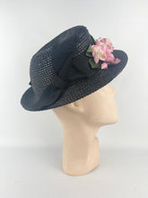 Load image into Gallery viewer, Original 1930s or 1940s Black Straw Hat with Pretty Pink Floral Trim
