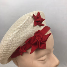 Load image into Gallery viewer, 1940s Cream Straw Hat with Red Grosgrain Trim and Red Stars