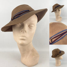 Load image into Gallery viewer, Original 1930's Mid Brown Felt Fedora with Blue and Burgundy Felt Trim *