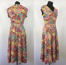 Load image into Gallery viewer, 1940s Bold Floral Dress in Pink, Teal, Chartreuse and Brown - Bust 34 35 35
