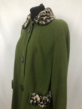 Load image into Gallery viewer, 1950s Green Wool Coat with Faux Fur Leopard Print Trim 38 40 42