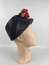 Load image into Gallery viewer, Original Navy Blue Straw Hat by Webflex with Huge Double Rose Trim