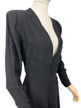 Load image into Gallery viewer, Original Late 1930's Inky Black Wool Dress with Zip Sleeves and Plunging Neckline by Dorothy's of Tulsa - Bust 40 42