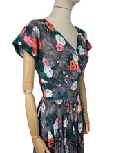 Load image into Gallery viewer, Original 1950's Grey Floral Crinkle Crepe Dress with Crossover Front - Bust 34 36 *