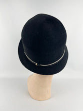 Load image into Gallery viewer, Original 1920’s 1930's Black Felt Cloche Hat With White Metal Faux Buckle Trim *