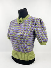 Load image into Gallery viewer, Reproduction 1940s Waffle Stripe Jumper in Green and Purple Knitted from a Wartime Pattern - B 35 36 37 38