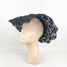 Load image into Gallery viewer, Original 1940's Black Straw Crochet Summer Hat with Open Crown