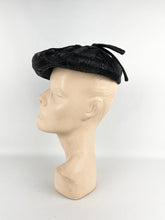 Load image into Gallery viewer, Original 1950's Shiny Black Straw Petal Hat with Grosgrain Bow Trim *