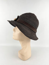 Load image into Gallery viewer, Original Late 1920's or Early 1930's Dark Brown Straw Cloche Hat with Grosgrain Trim *