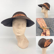 Load image into Gallery viewer, Original 1930s Brown Straw Cloche Hat with Rust Coloured Polka Dot Ribbon Trim and Metal Feather Trim