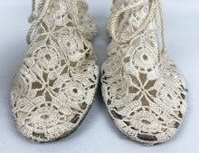 Load image into Gallery viewer, Original 1940's Make Do and Mend Homemade Summer Sandals in Crochet with Ankle Ties - UK size 5