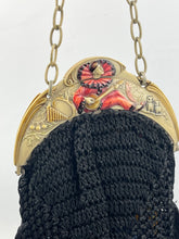 Load image into Gallery viewer, Original 1920's French Made Antique Crochet Bag with Celluloid Frame Decorated with Pierrot, Owls and Musical Instruments