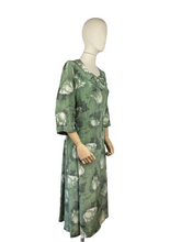 Load image into Gallery viewer, Original Volup 1930s Green Silk Crepe Dress with Black and White Bold Floral Print - Bust 40 42