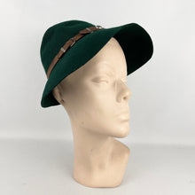 Load image into Gallery viewer, Original 1930's or 1940's French Forest Green Felt Hat with Leather Trim and Buckles