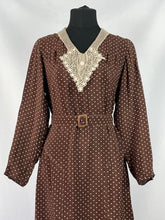 Load image into Gallery viewer, Original 1930s Brown and Cream Crepe Belted Polka Dot Dress with Lace and Chiffon Collar - Bust 34 35