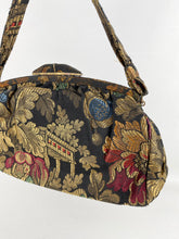 Load image into Gallery viewer, Original 1920's or 1930's Black Bag with Silk Embroidery in Gold and Jewel Tones
