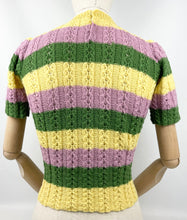 Load image into Gallery viewer, 1950's Reproduction Tri-Colour Cable Hand Knitted Jumper in Pink, Yellow and Green - Bust 30 32