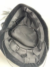 Load image into Gallery viewer, Original 1940s Black Velvet Military Inspired Hat with Paste and Feather Trim