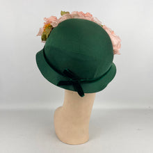 Load image into Gallery viewer, Original 1950's Forest Green Hat with Beautiful Pink Floral Trim - Jolly & Son Ltd Bath