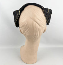 Load image into Gallery viewer, Fabulous Original 1950's Black Straw Cocktail Hat with Gold Trim and Net - Perfect Evening Hat