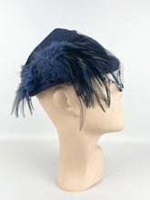 Load image into Gallery viewer, Original 1930s Navy Blue Felt Hat with Feather Trim and Neat Net Detail
