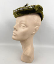 Load image into Gallery viewer, Original 1950’s Green Velvet Evening Hat with Matching Hat Pin - Pretty Sequin Trim
