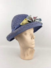 Load image into Gallery viewer, Original 1940’s Lavender Straw Bonnet Hat with Pretty Floral Trim - Vintage Summer Straw Hat *