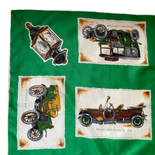 Load image into Gallery viewer, Vintage Rayon Motoring Themed Scarf in Emerald Green with Car Print - Great Turban or Headscarf