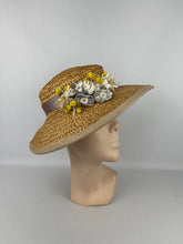 Load image into Gallery viewer, Original 1930's Wide Brimmed Natural Straw Hat with Cluster of Fabric Flowers