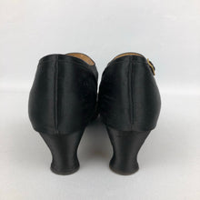 Load image into Gallery viewer, Original 1930s Black Satin Dance Shoes with Gold Trim and Paste Buckle Size 3 3.5