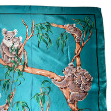 Load image into Gallery viewer, Vintage Artificial Silk Scarf in Teal with Koala Bears - Australia Tourist Piece - Great Turban or Headscarf