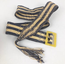 Load image into Gallery viewer, Original 1930s Blue and Cream Crochet Cotton Belt with Yellow Plastic Buckle