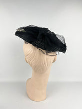 Load image into Gallery viewer, Original 1950's Black Straw Hat with White Fabric Flowers and Net Trim