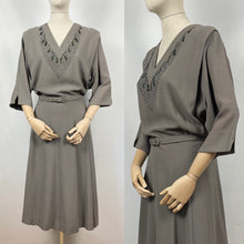Load image into Gallery viewer, Original 1940s Crepe Dress with Beaded Bodice and Original Belt - Bust 48