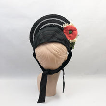 Load image into Gallery viewer, Original 1940's Black Straw Hat - Pretty Bonnet Shape Half Hat with Poppy Flower Trim - Patriotic