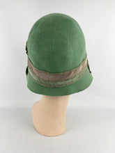 Load image into Gallery viewer, Original 1920s Soft Green Felt Cloche Hat with Wonderful Green and Pink Applique