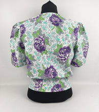 Load image into Gallery viewer, 1940's Reproduction Floral Print Blouse with Large Purple Roses and Faceted Glass Buttons Made From an Original 1940's Feed Sack - Bust 34"