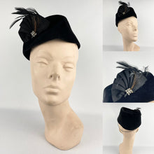 Load image into Gallery viewer, Original 1940s Black Velvet Military Inspired Hat with Paste and Feather Trim