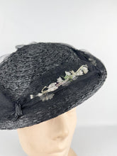 Load image into Gallery viewer, Original 1950's Black Straw Hat with White Fabric Flowers and Net Trim